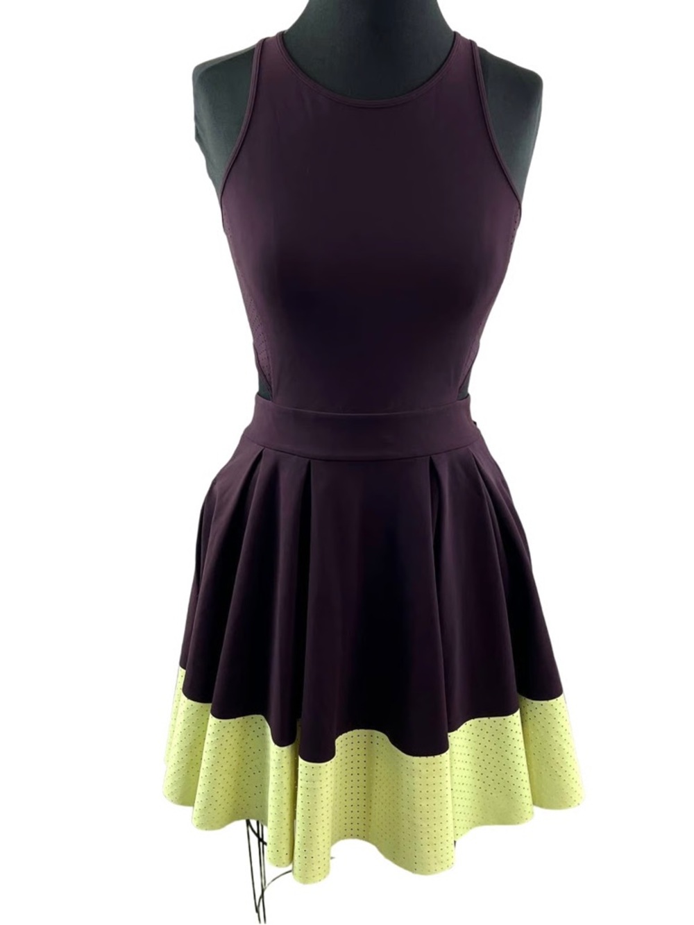Sleeveless Fit-and-Flare Dress in Plum with Lime Hem